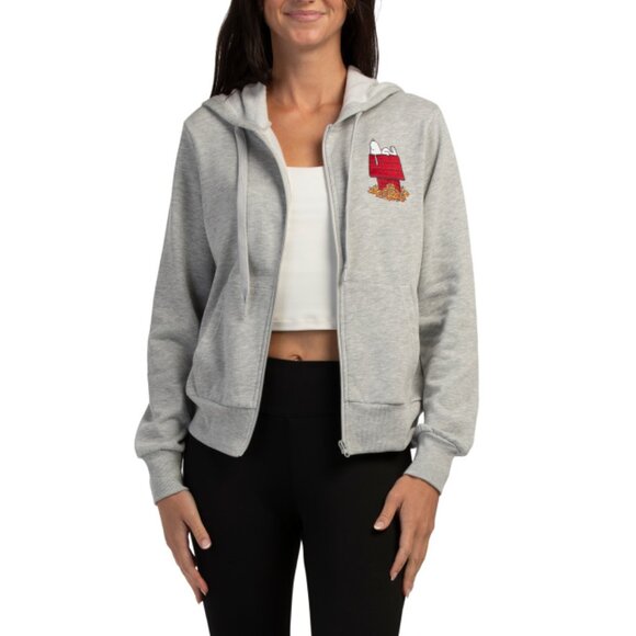 PEANUTS Light Grey Heather Fleece Full Zip Hoodie With Embroidered Patch - Picture 1 of 2
